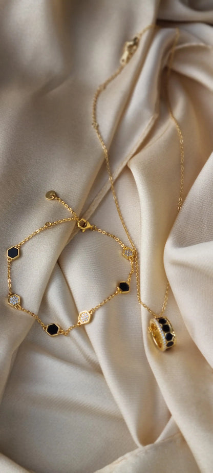 925 Silver 18K Gold Plated Black Agate Necklace and Bracelet Set