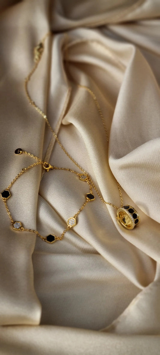 925 Silver 18K Gold Plated Black Agate Necklace and Bracelet Set