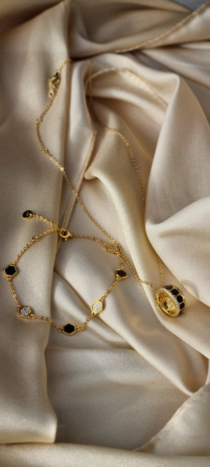 925 Silver 18K Gold Plated Black Agate Necklace and Bracelet Set