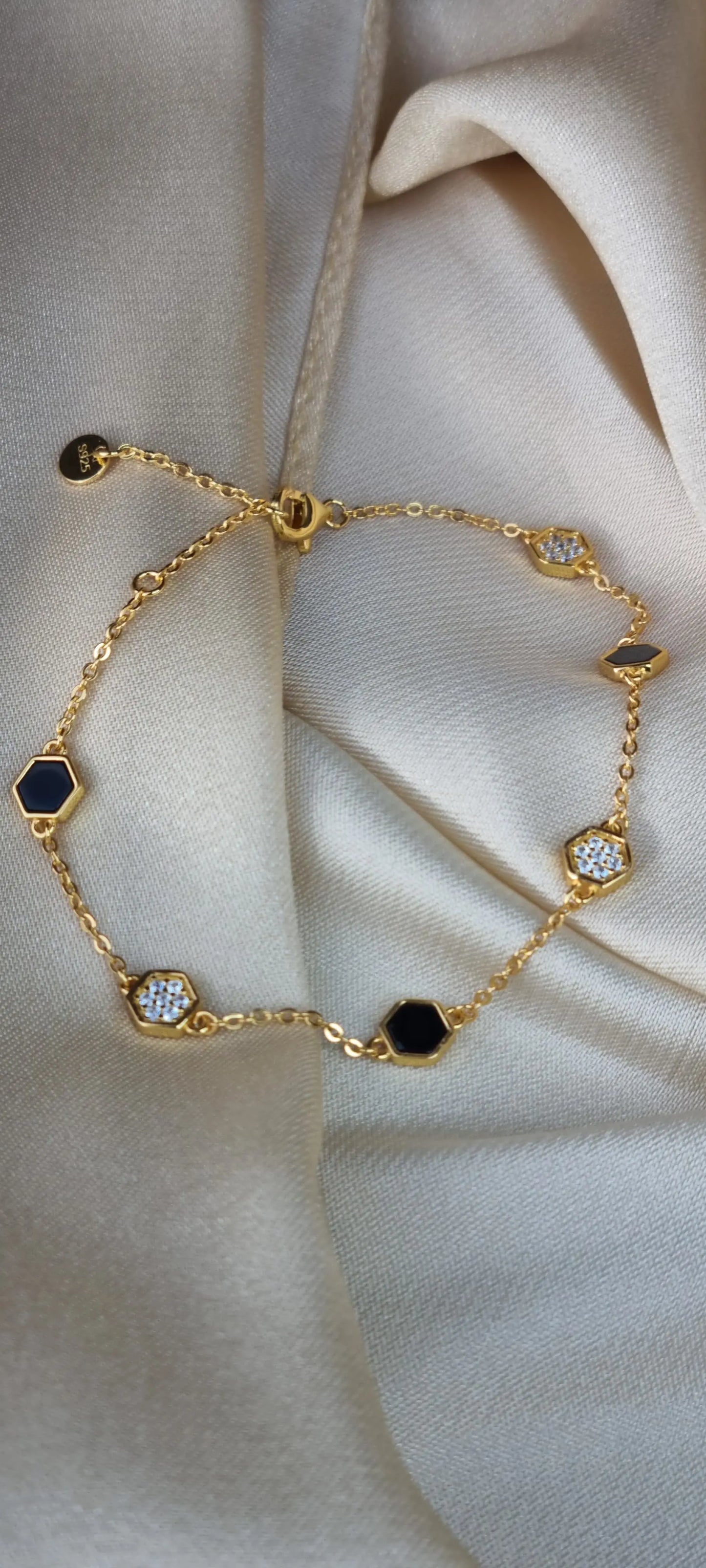 925 Silver 18K Gold Plated Black Agate Necklace and Bracelet Set