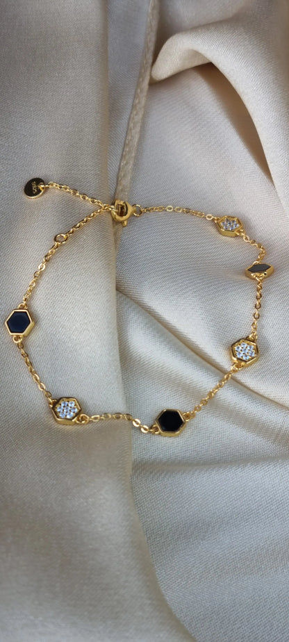925 Silver 18K Gold Plated Black Agate Necklace and Bracelet Set