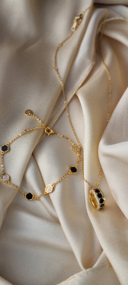925 Silver 18K Gold Plated Black Agate Necklace and Bracelet Set