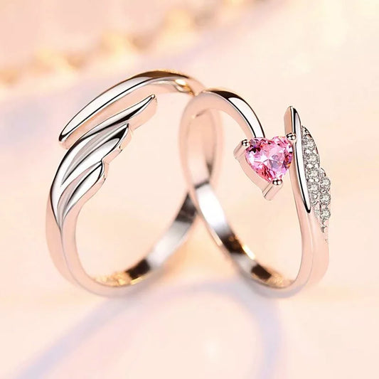 925 Sterling Silver Angel Wing Heart Adjustable Ring Set