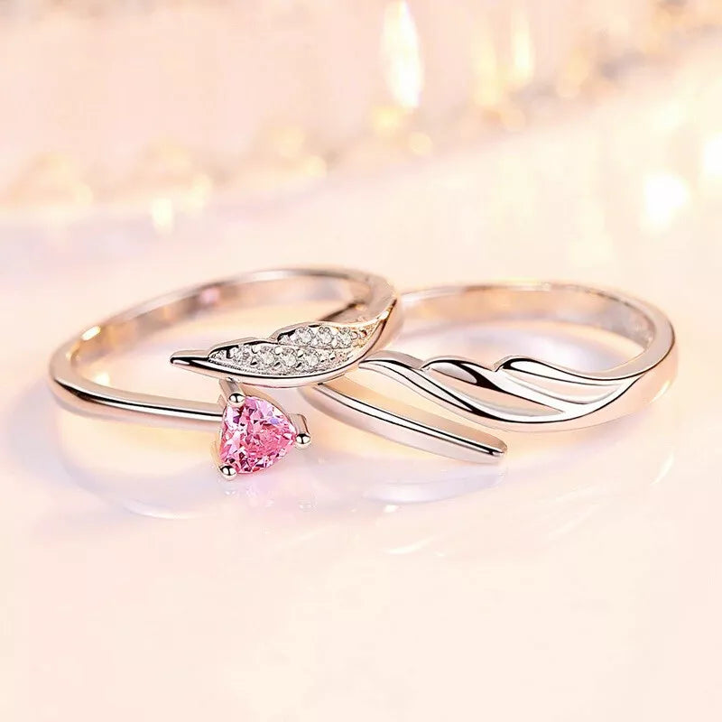 925 Sterling Silver Angel Wing Heart Adjustable Ring Set