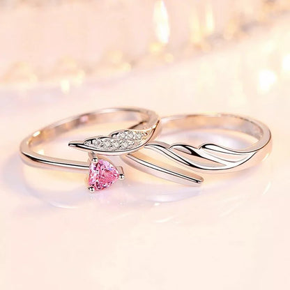 925 Sterling Silver Angel Wing Heart Adjustable Ring Set