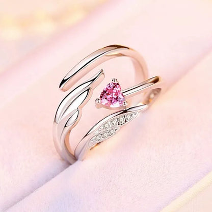 925 Sterling Silver Angel Wing Heart Adjustable Ring Set
