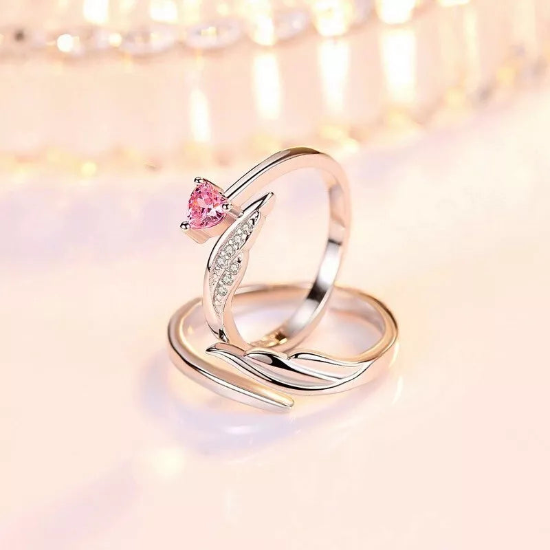 925 Sterling Silver Angel Wing Heart Adjustable Ring Set