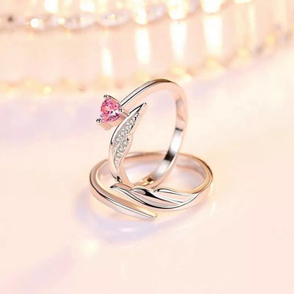 925 Sterling Silver Angel Wing Heart Adjustable Ring Set