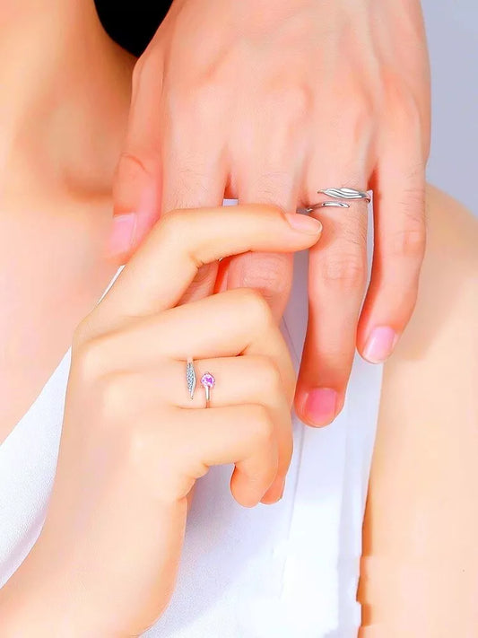 925 Sterling Silver Angel Wing Heart Adjustable Ring Set