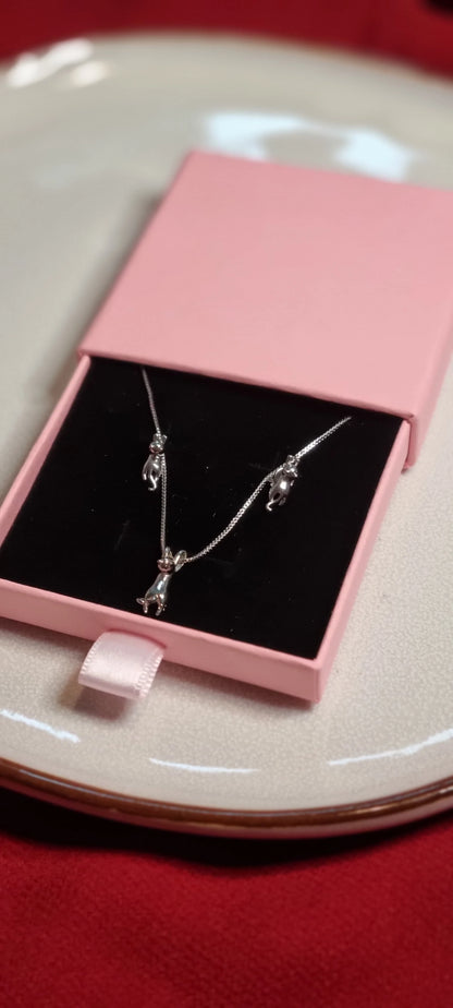 925 Sterling Silver Cat Necklace and Stud Earrings Set in box