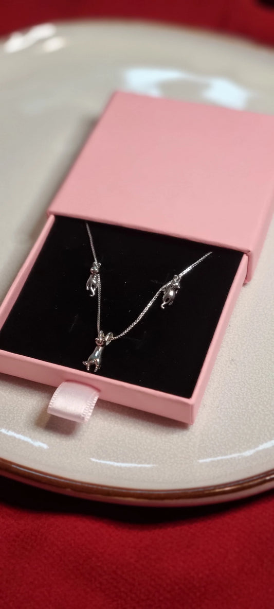 925 Sterling Silver Cat Necklace and Stud Earrings Set in box