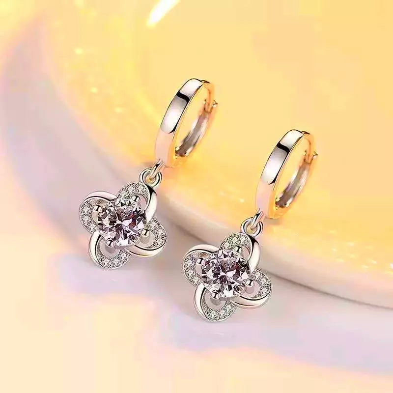 925 Sterling Silver Clover Huggie Hoop Clip Stone Earrings