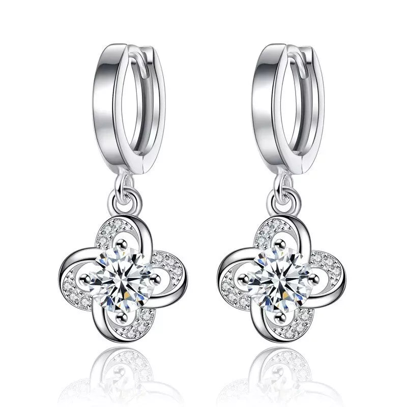 925 Sterling Silver Clover Huggie Hoop Clip Stone Earrings