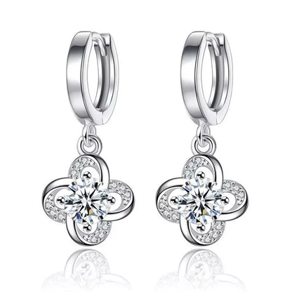 925 Sterling Silver Clover Huggie Hoop Clip Stone Earrings