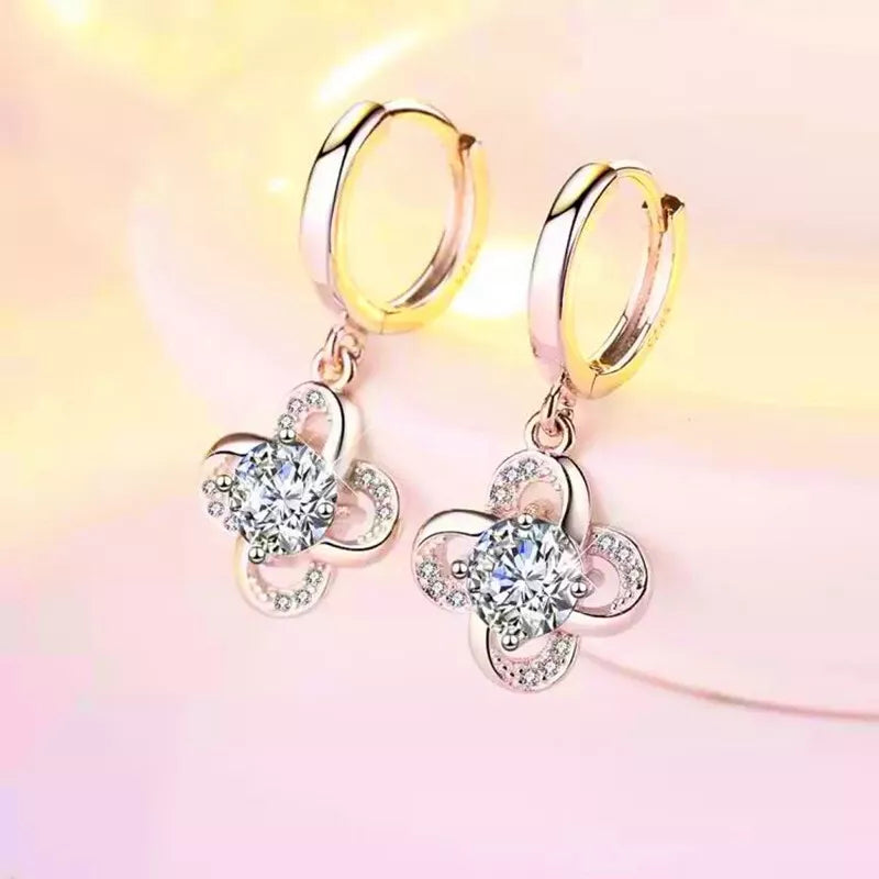 925 Sterling Silver Clover Huggie Hoop Clip Stone Earrings