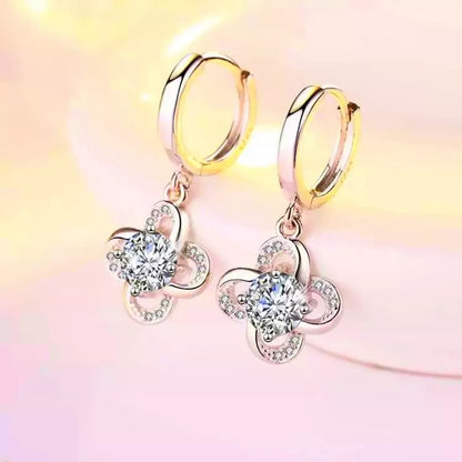 925 Sterling Silver Clover Huggie Hoop Clip Stone Earrings