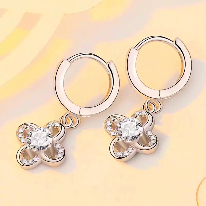 925 Sterling Silver Clover Huggie Hoop Clip Stone Earrings – Front View