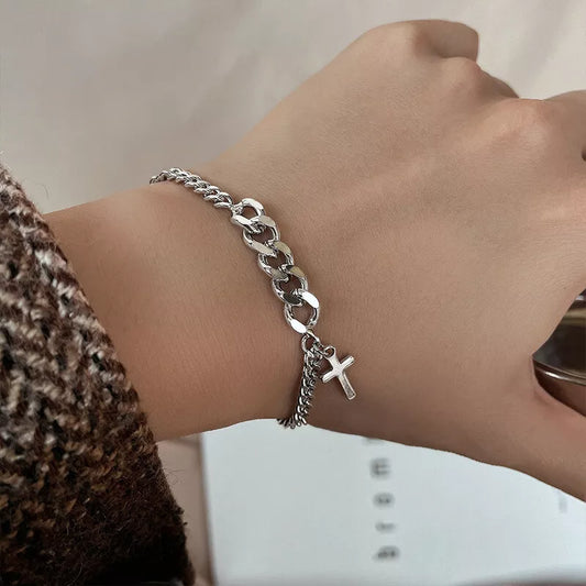925 Sterling Silver Cross Chain Bracelet Minimalist Women's Jewelry Gift Elegant Religious Charm