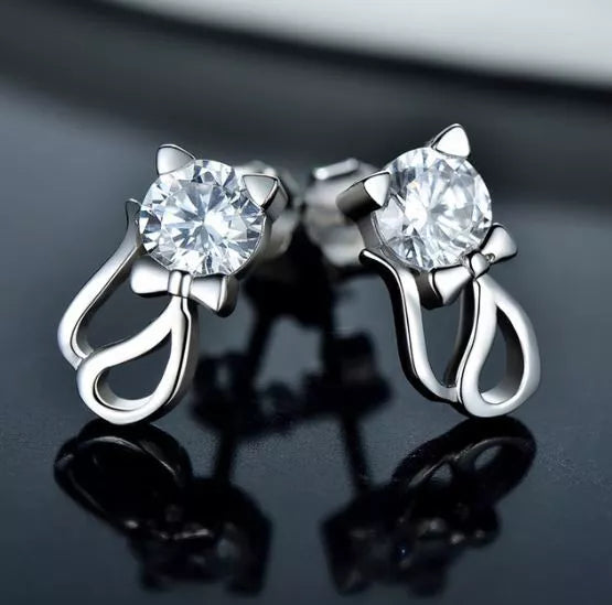 925 Sterling Silver Crystal Cat Stud Earrings and Pendant Necklace | Women’s Jewellery Gift