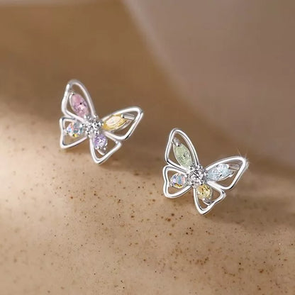 Crystal Butterfly Stud Earrings Colorful 925 Sterling Silver Women Jewellery Gift