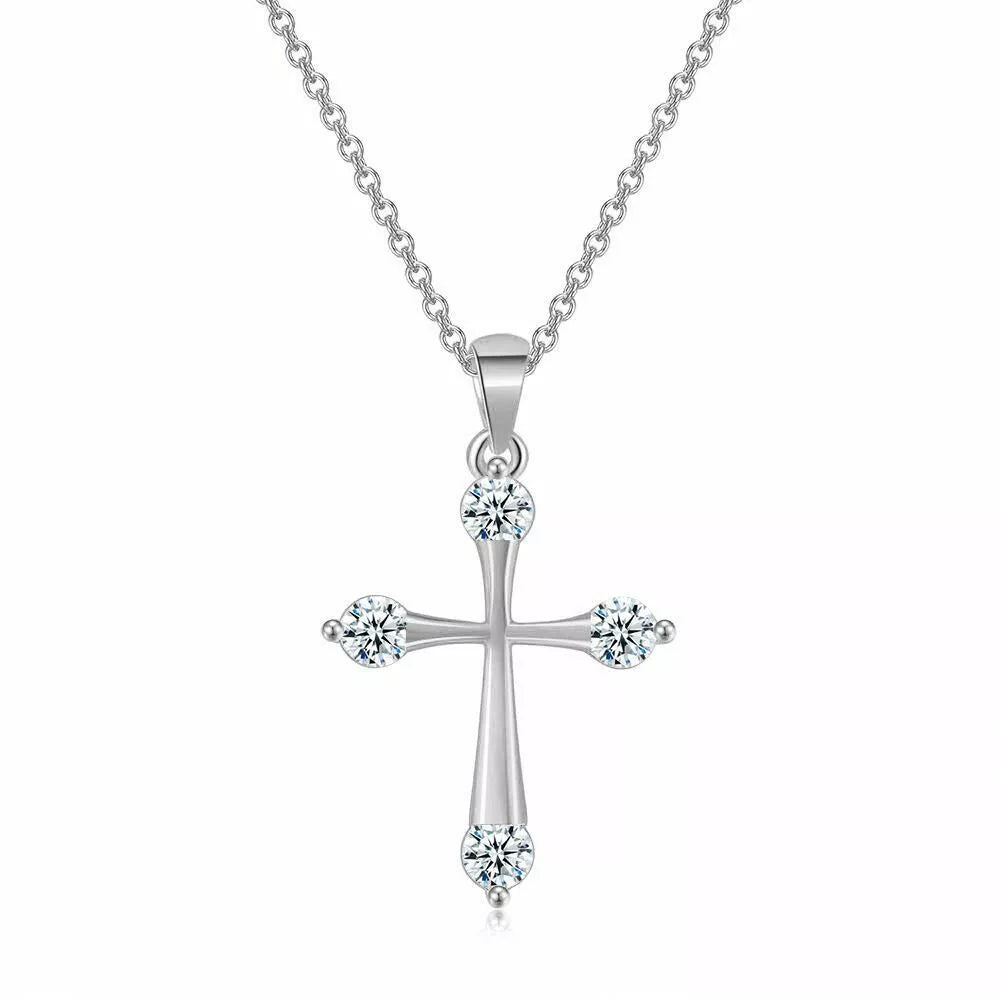 925 Sterling Silver Crystal Cross Zircon Pendant Necklace