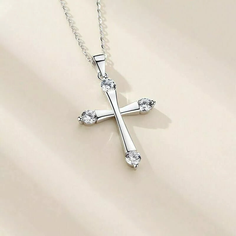 925 Sterling Silver Crystal Cross Zircon Pendant Necklace