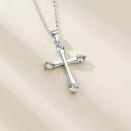 925 Sterling Silver Crystal Cross Zircon Pendant Necklace