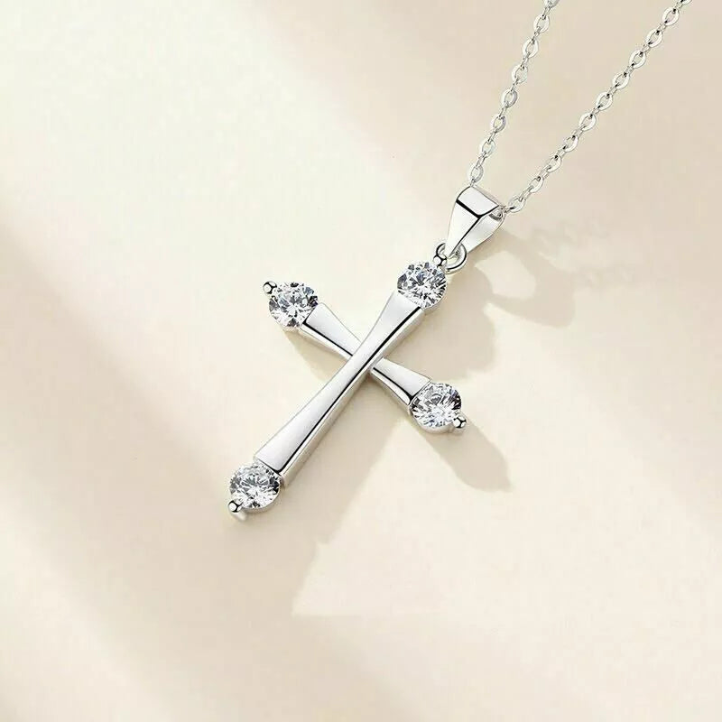 925 Sterling Silver Crystal Cross Zircon Pendant Necklace