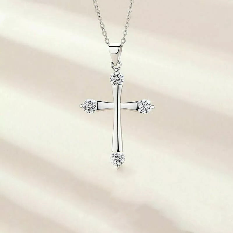 925 Sterling Silver Crystal Cross Zircon Pendant Necklace