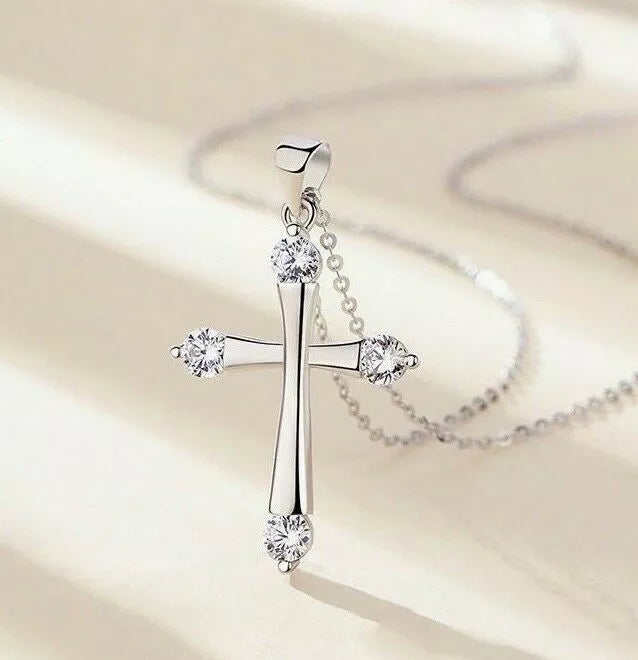 925 Sterling Silver Crystal Cross Zircon Pendant Necklace