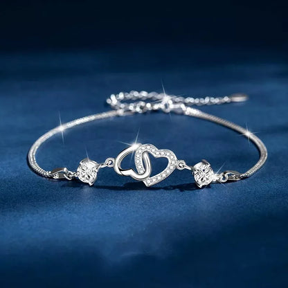925 Sterling Silver Crystal Double Heart Linked Charm Bracelet