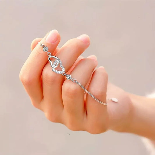 925 Sterling Silver Crystal Double Heart Linked Charm Bracelet