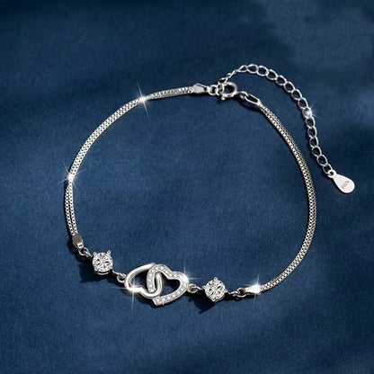 925 Sterling Silver Crystal Double Heart Linked Charm Bracelet