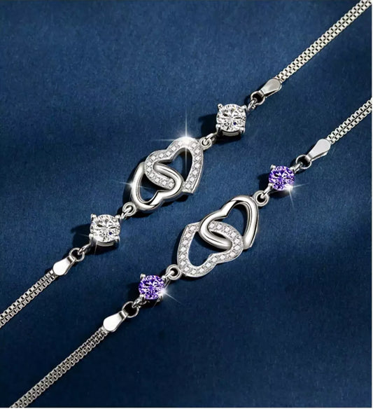 925 Sterling Silver Crystal Double Heart Linked Charm Bracelet