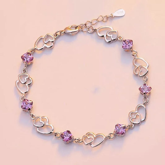 925 Sterling Silver Crystal Heart Charm Bracelet