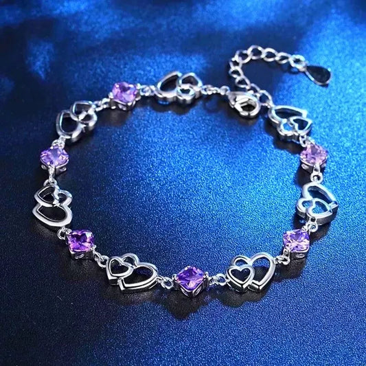 925 Sterling Silver Crystal Heart Charm Bracelet
