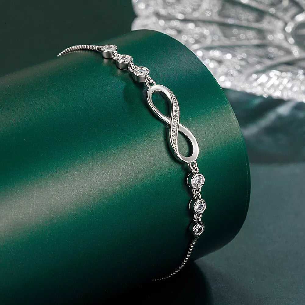925 Sterling Silver Crystal Love Linked Charm Bracelet