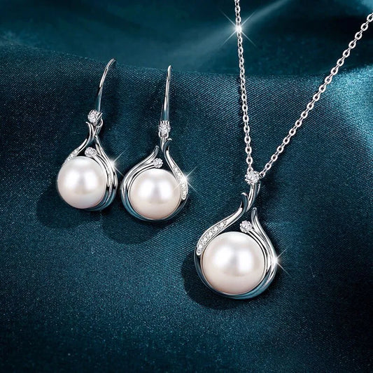 925 Sterling Silver Crystal Pearl Drop Necklace and Hook Earrings
