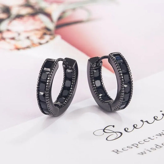 925 Sterling Silver Cubic Zirconia Black Hoop Earrings for Women & Girls