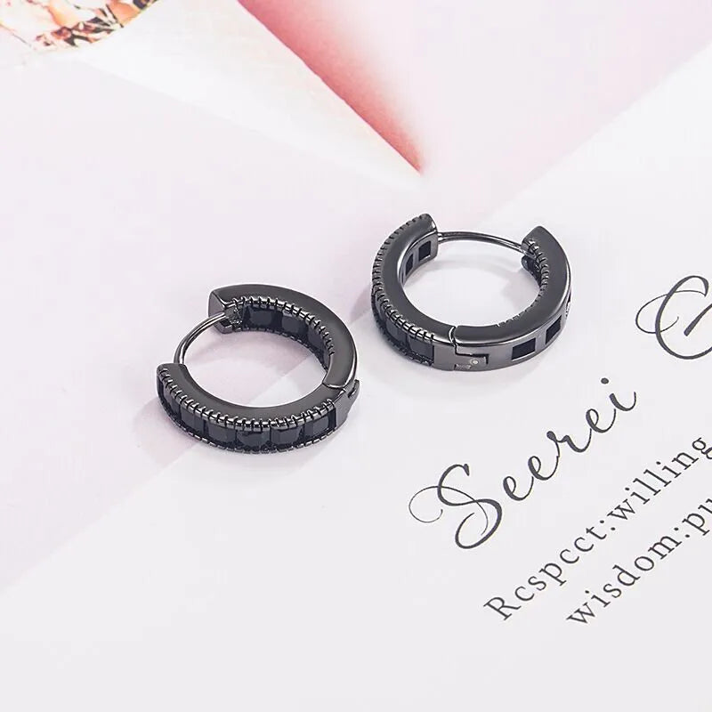 925 Sterling Silver Cubic Zirconia Black Hoop Earrings for Women & Girls