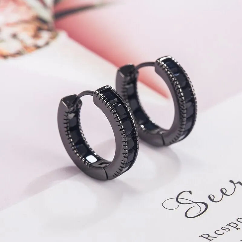 925 Sterling Silver Cubic Zirconia Black Hoop Earrings for Women & Girls