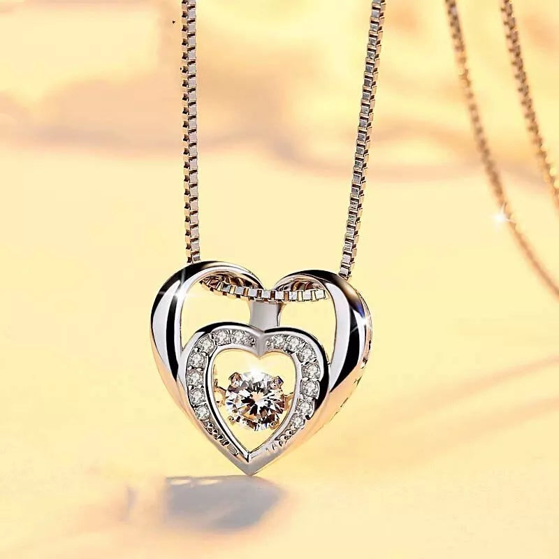 925 Sterling Silver Double Heart Pendant Necklace with Moonstone