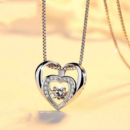 925 Sterling Silver Double Heart Pendant Necklace with Moonstone