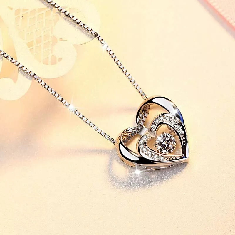925 Sterling Silver Double Heart Pendant Necklace with Moonstone