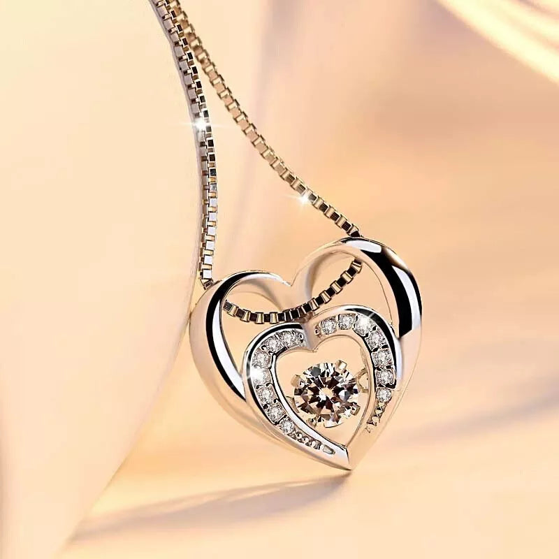 925 Sterling Silver Double Heart Pendant Necklace with Moonstone