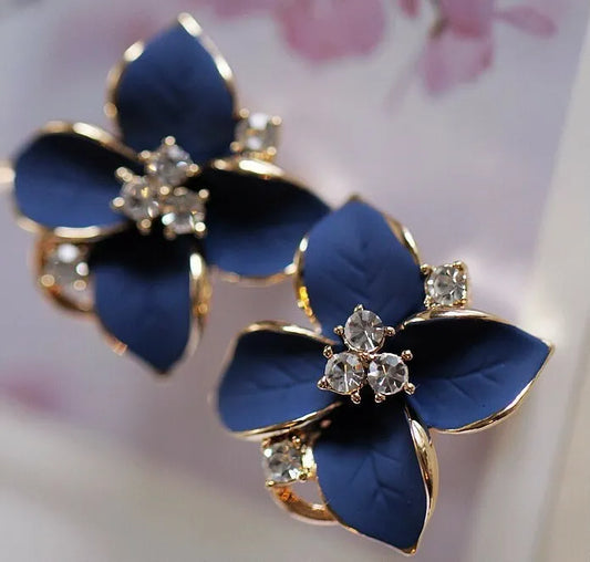Flower Crystal Earrings - 4 Petal Design in Blue, Pink, Black, White