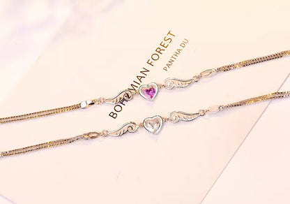Heart and Angel Wing Linked Charm Bracelet | 16+3cm Adjustable Size