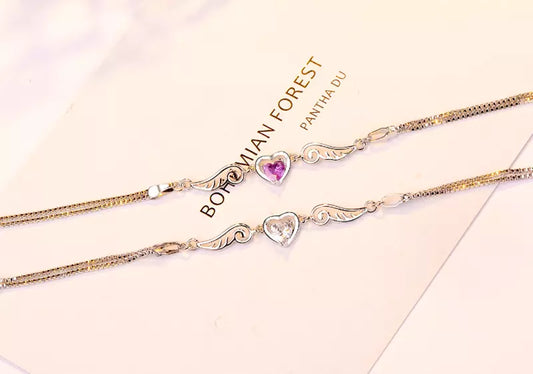 Heart and Angel Wing Linked Charm Bracelet | 16+3cm Adjustable Size