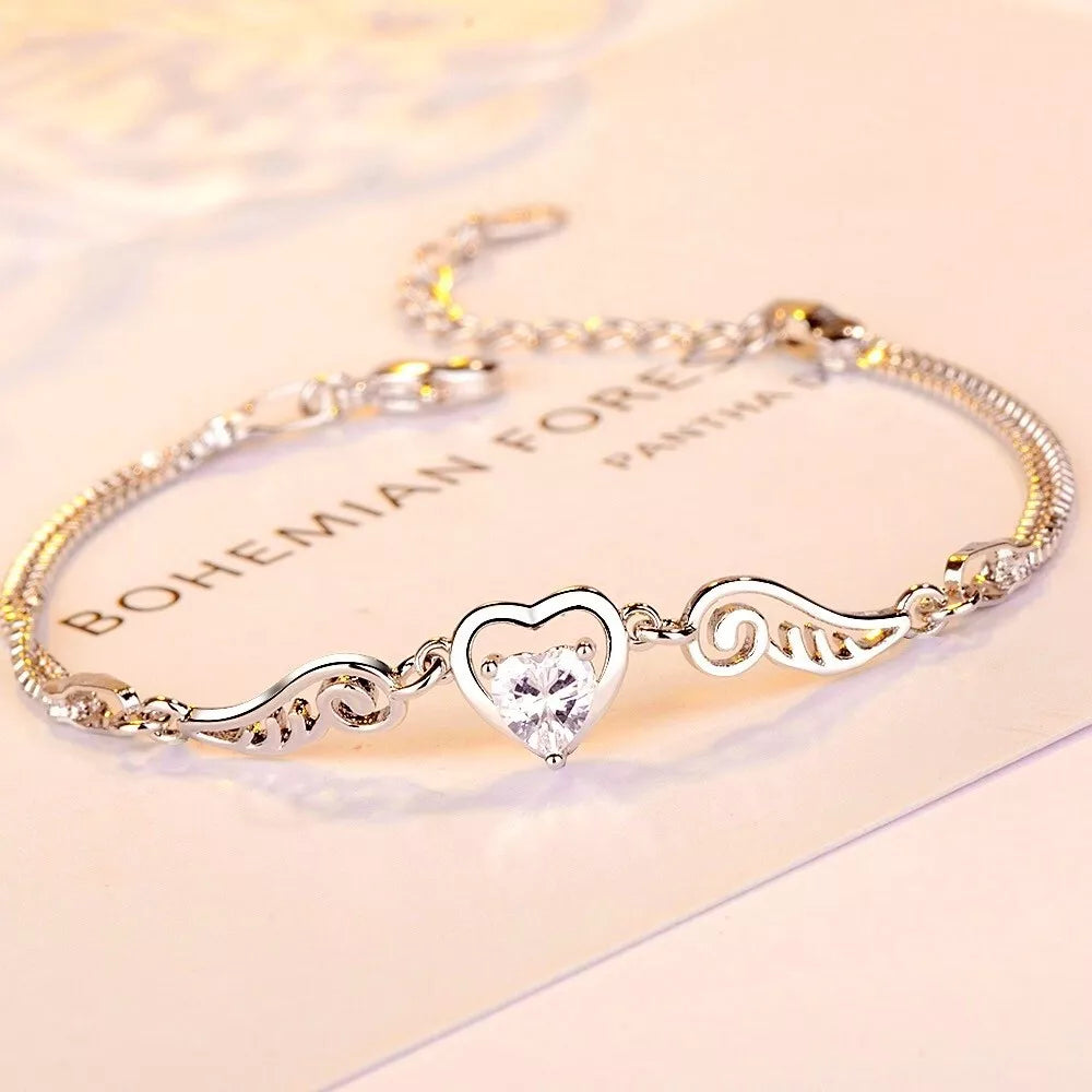 Heart and Angel Wing Linked Charm Bracelet | 16+3cm Adjustable Size