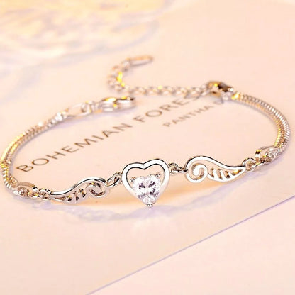 Heart and Angel Wing Linked Charm Bracelet | 16+3cm Adjustable Size
